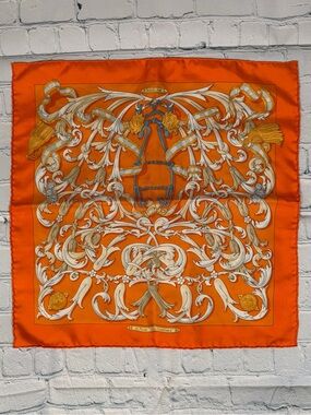 Hermes Orange, White and Gold Silk Scarf